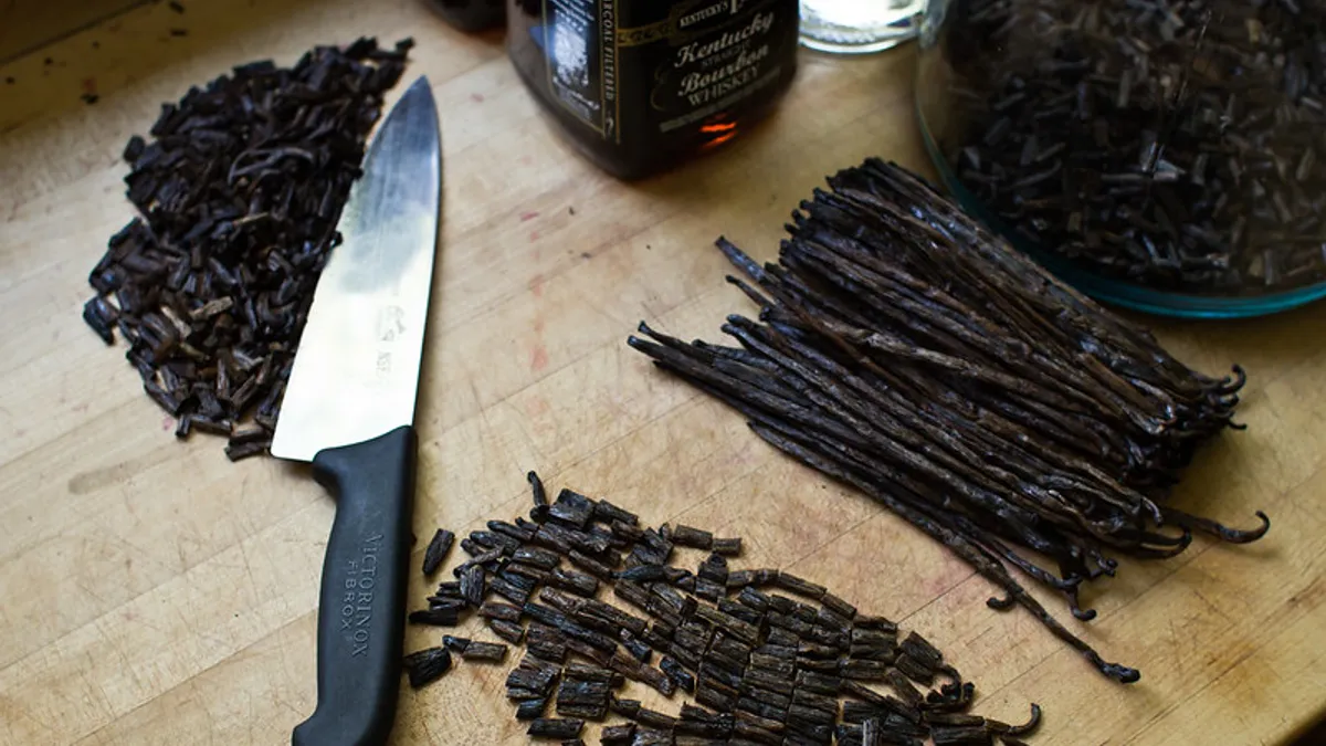 Chopping vanilla bean pods